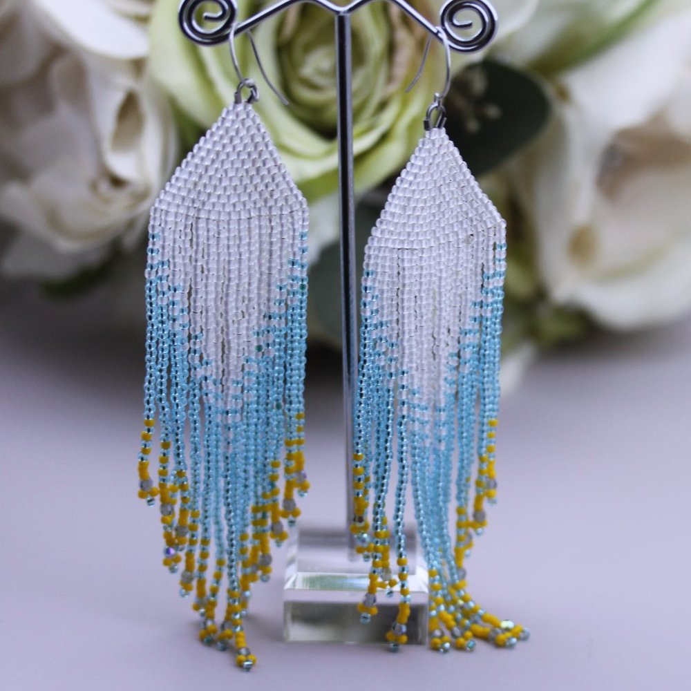 Long Fringe Earrings-Beaded Long Earrings-Ombre Earrings-Boho Earrings